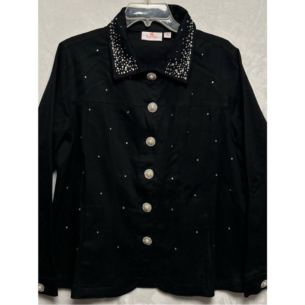 Quacker Factory Jacket Womens M Black Rhinestone Studded Pearl